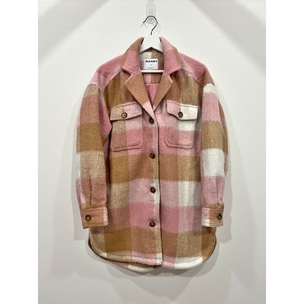 Old Navy Medium Plaid Flannel Long Utility Shacket Jacket Tan Pink